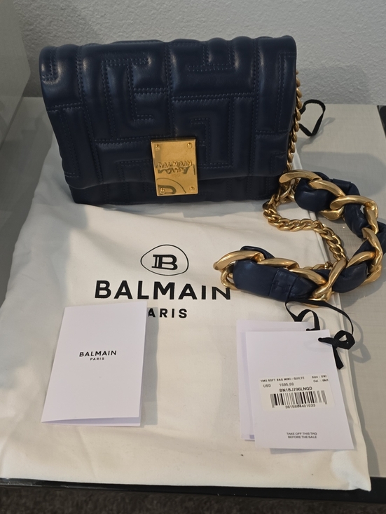 Balmain Handbags - Balmain Navy Quilted Leather Shoulder Bag with Gold Chain